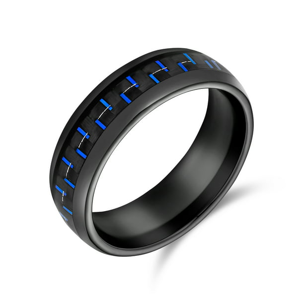 9mm Comfort Fit Mens Brushed Blue Titanium Wedding Bands Ring with Black and Yellow Carbon Fiber Inlay 